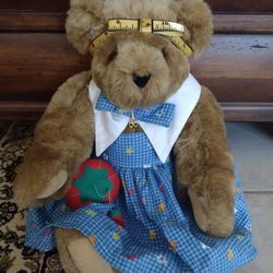 VINTAGE The Vermont Teddy Bear Sewing Bear Barbara 16” Holding Pin Cushion Cute!  Removable dress and headband.

