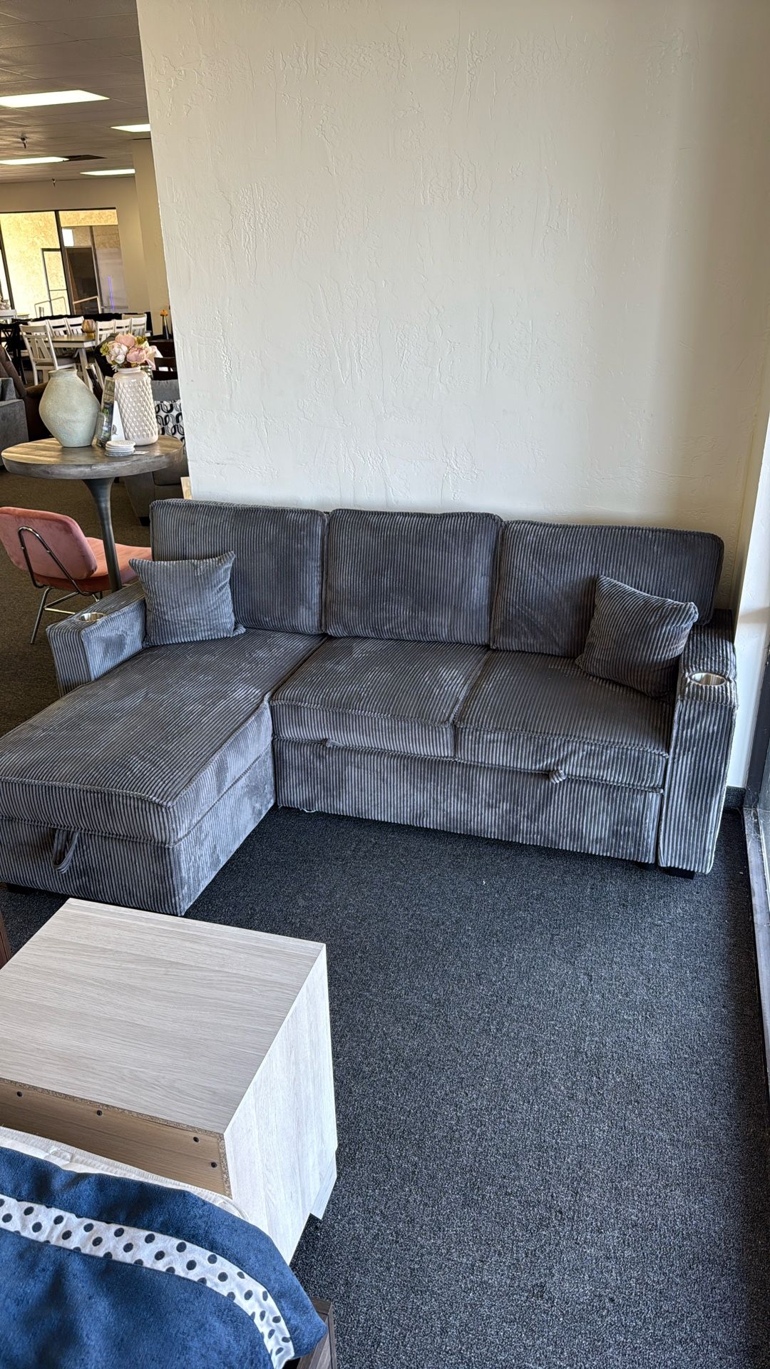 Grey Corduroy Sleeper Sofa With Reversible Storage Chaise 