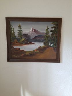 Original Painting Wall Decor, Mountain Lake Cabin Country Road Scene