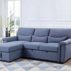Brand New Reversible Blue Fabric Sleeper Sectional
