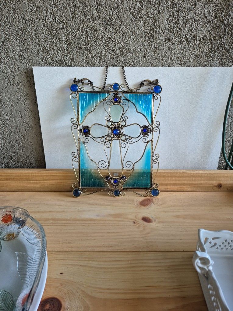 Vintage Stained Glass Cross hanging panel $25.00 OBO
