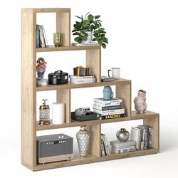 6 Cubes Ladder Shelf Freestanding Corner Bookshelf Storage Bookcase Display Rack Natural