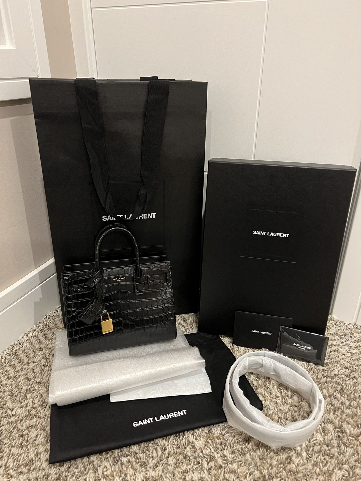 NEW AUTHENTIC SAINT LAURENT SAC DE JOUR NANO IN BLACK CROC LEATHER
