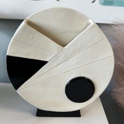 Mid-century modern MCM white and black art deco signed ceramic vase round 13”