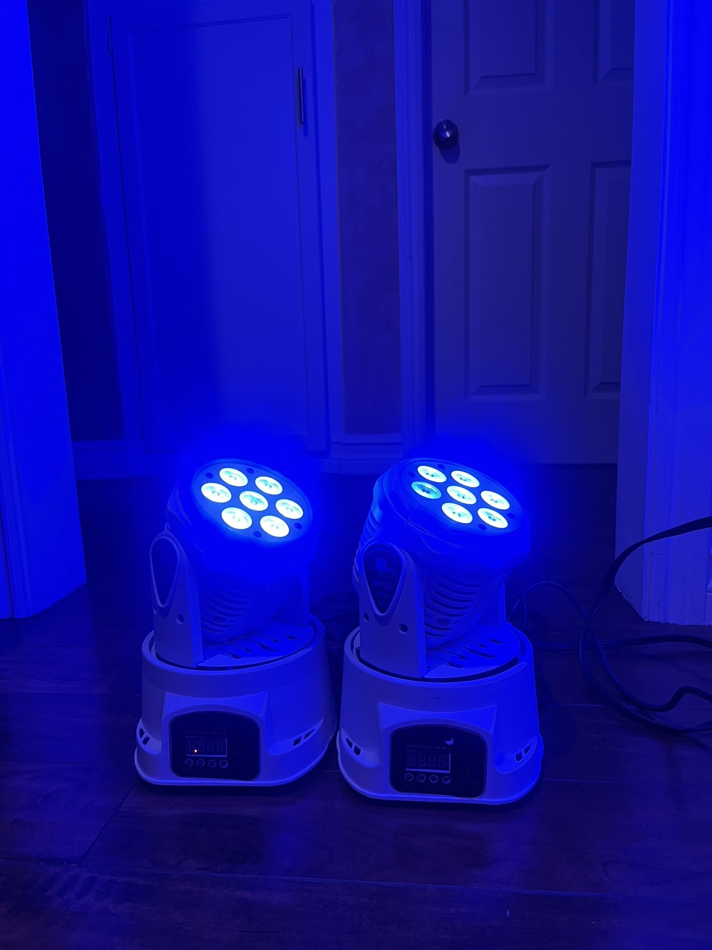 2 x White Mini LED DJ Moving Head Lights - Sound Activated & DMX Control