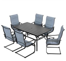 7PCS Padded Textilene Patio Dining Set with Umbrella Hole, C-Spring Motion