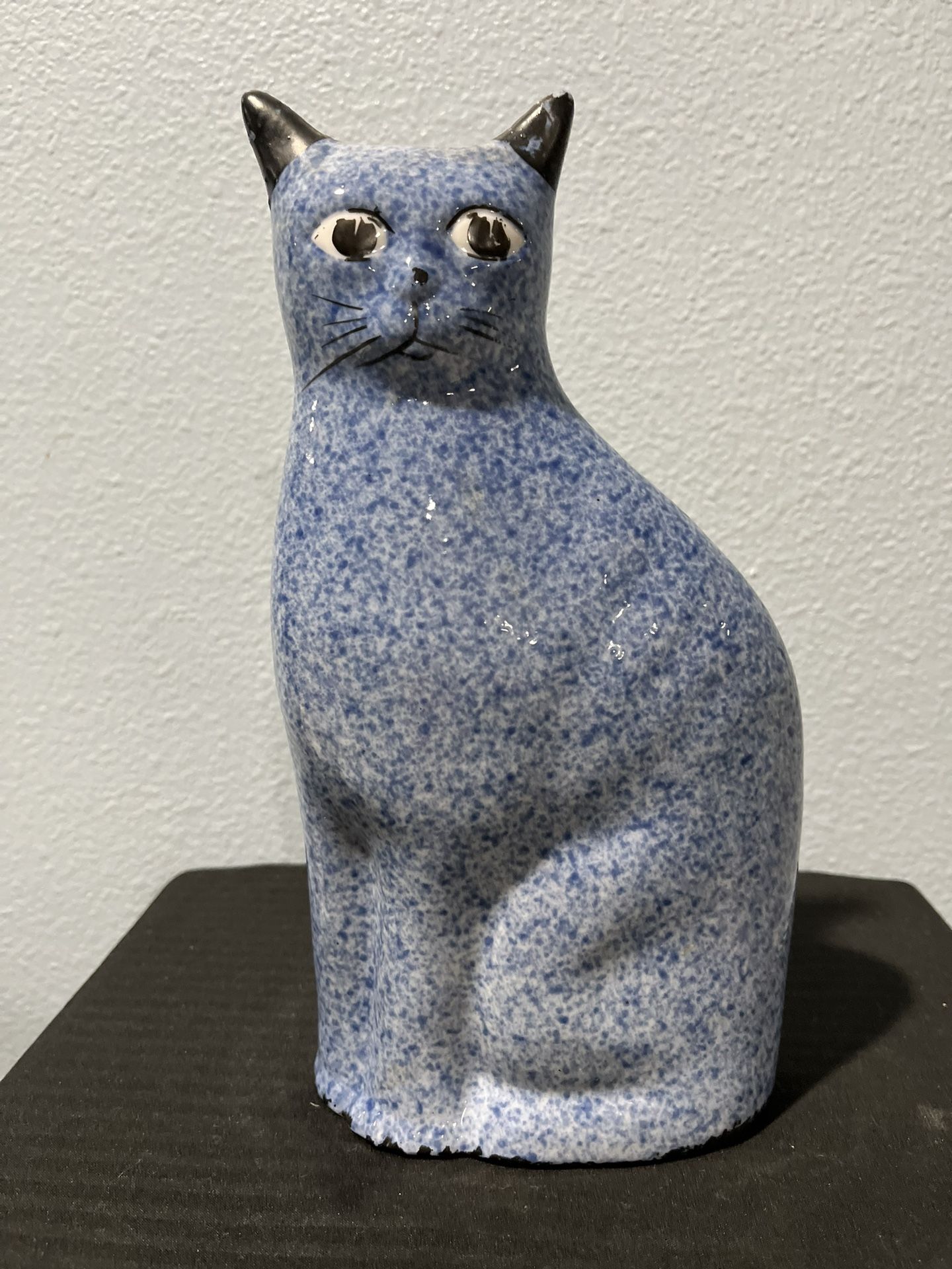Vintage Blue Calico China Cat Figurine Spongeware