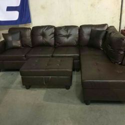 Brand New Brown Leather Sectional With Storage Ottoman 