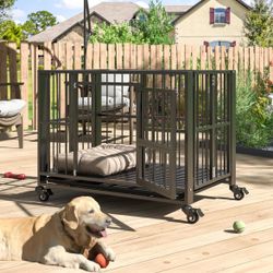 38 inch Heavy Duty Dog Crate, Folding Dog Kennel No Assembly, Escape Proof Large Dog Cage Kennel with Lockable Wheels, High Anxiety Pet Play