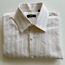 Hugo Boss Size 16 34/35 Yellow White Striped Long Sleeve Button Up Dress Shirt