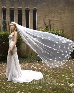 Floral Applique Bridal Veil with 3D Handmade Organza Flowers One Layer Marriage Wedding Veil