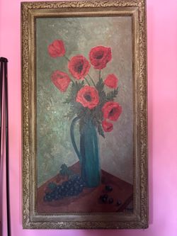 Framed Oil Painting Red Poppies Still Life