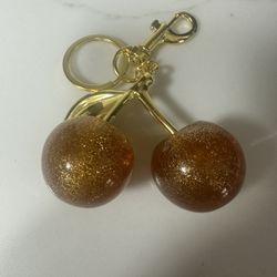 Gold Cherry Shaped Crystal Charm with Keychain Clip