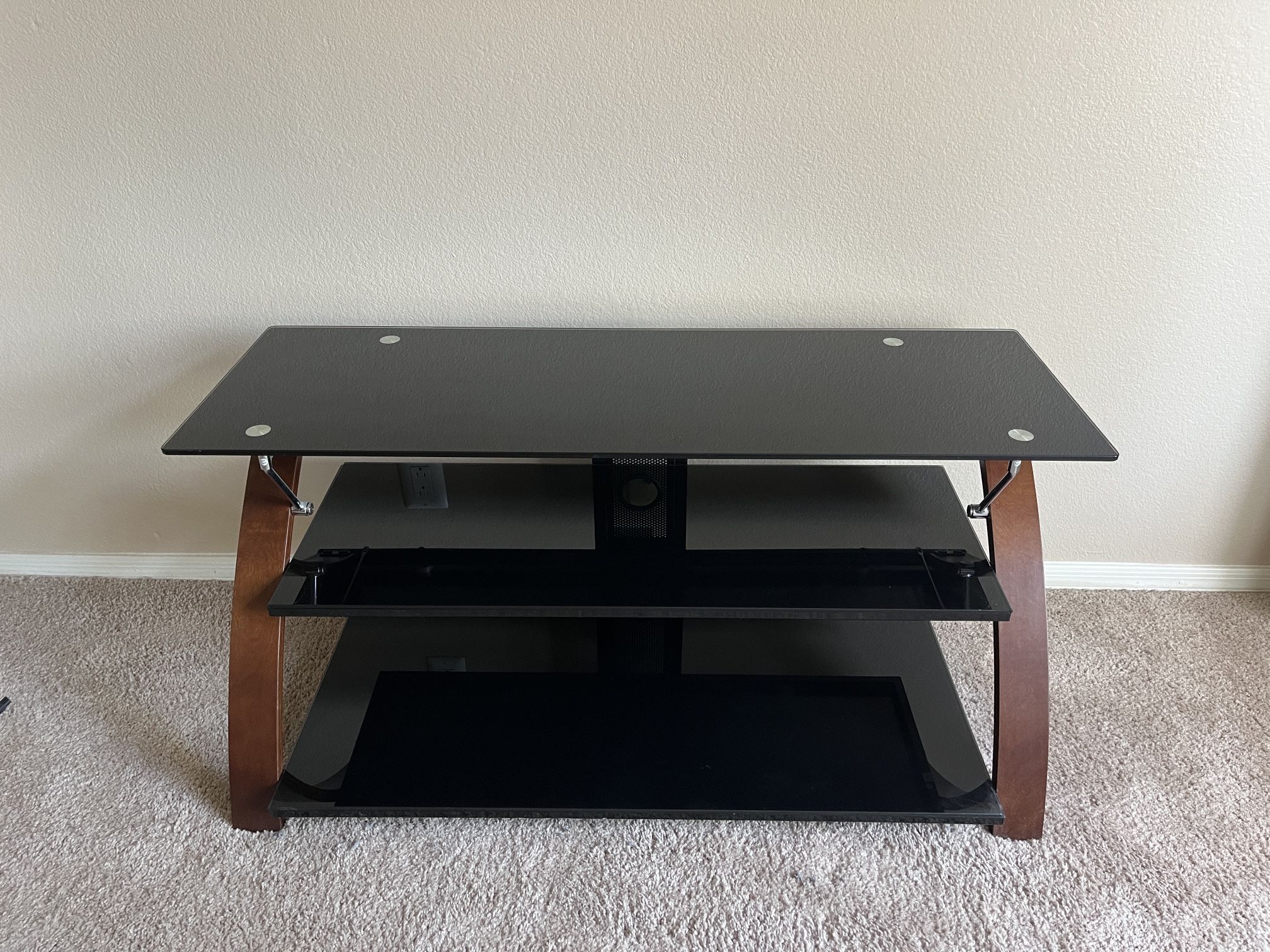 Modern Black and Brown TV Stand with Black Glass Shelving