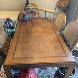 Table With Leaf And Six Solid Wood Oak Chairs.