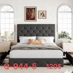 Upholstered Queen Size Platform Bed Frame with 4 Storage Drawers and Headboard（Q-944-5）（open box）（minssing instruction manual）