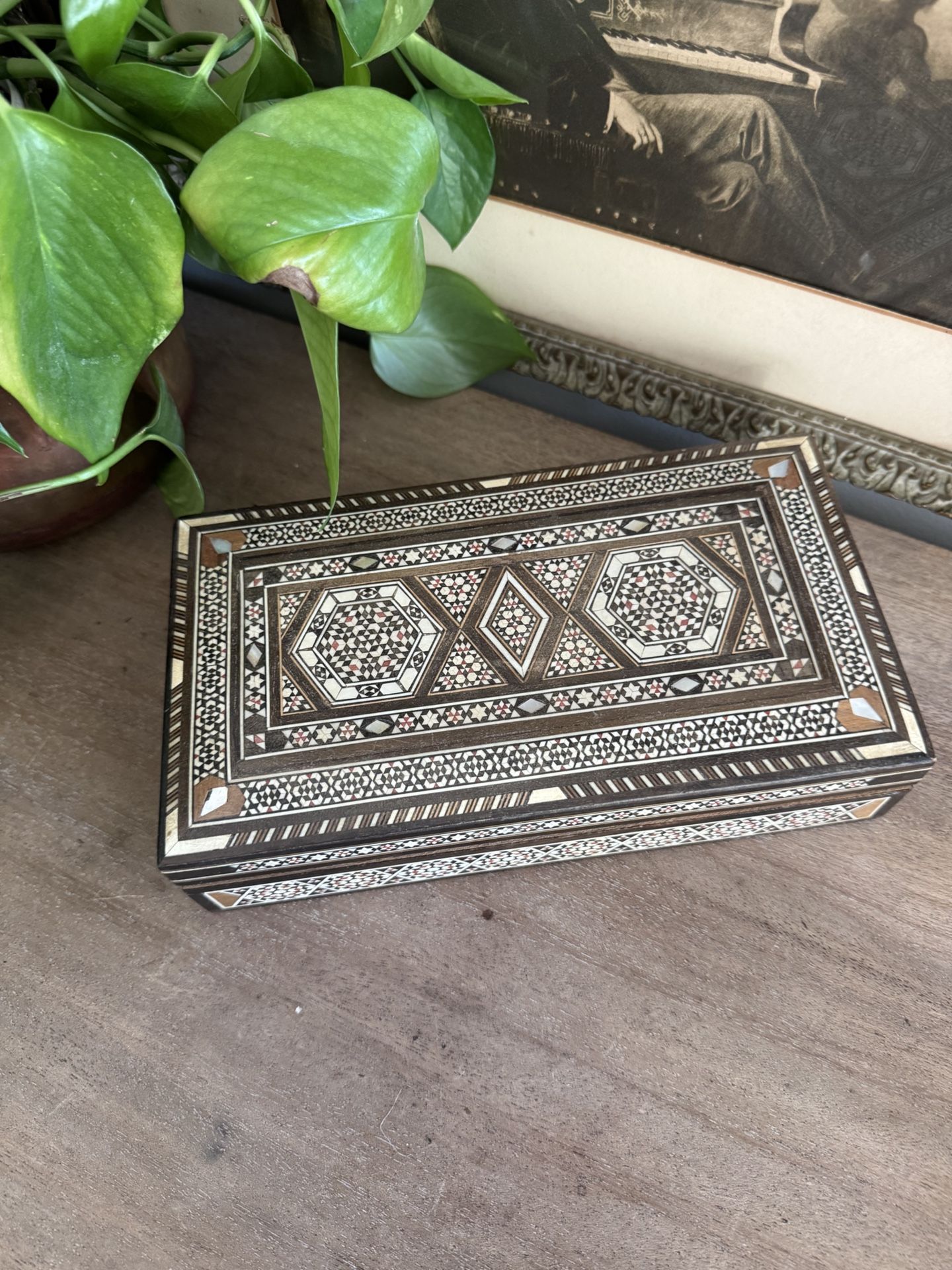 Vintage Khatam Marquetry Wood Mosaic Jewelry Box Handmade Velvet Lined Geometric Inlaid Collector