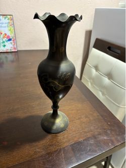 Vintage solid brass black vase etched in elephants