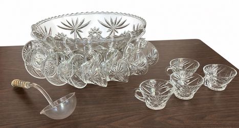 Vintage-Style Glass Punch Bowl Set with 12 Cups and Ladle