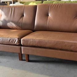 86.6" Retro Brown Tufted Leather Couch with Pillows, Mid Century Modern 3-Seater Upholstered Sectional Sofa with Square Arm and Solid Wood Legs ,Brown