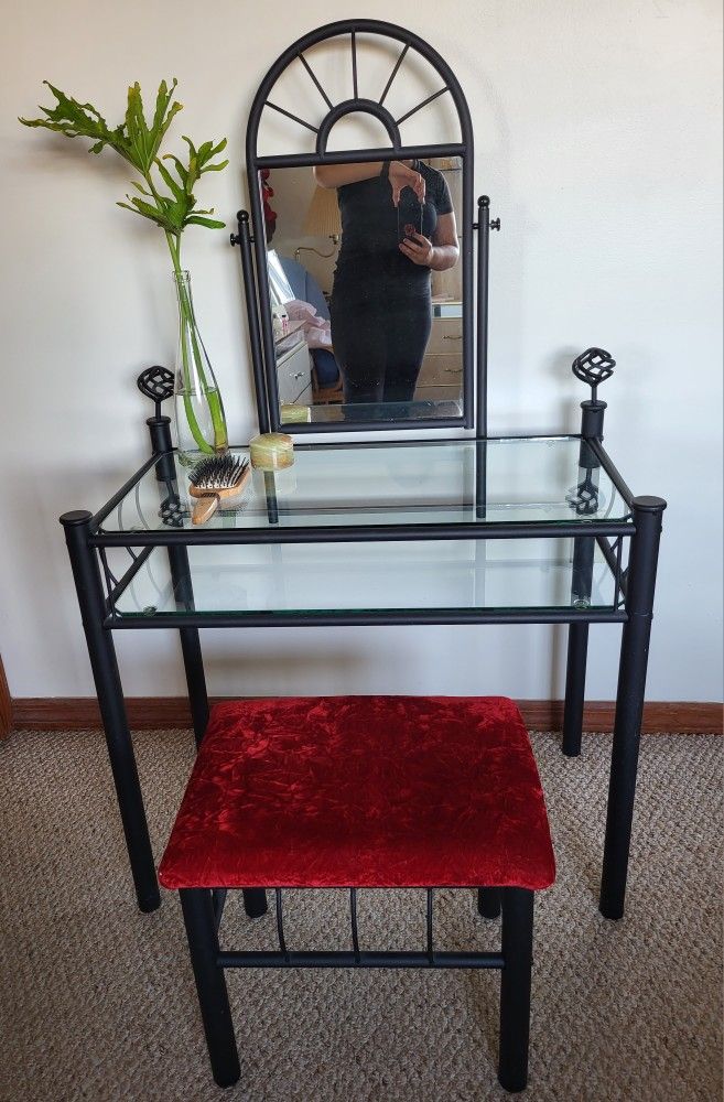 Metal Vanity Set with Glass Top and Stool Fabric Seat