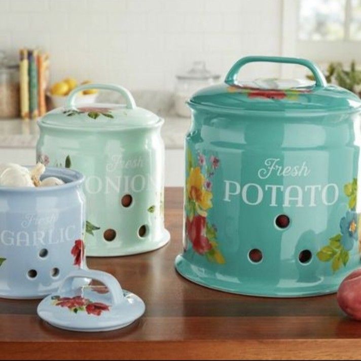 3 Pcs The Pioneer Woman Keeper Set Stoneware Canisters Floral Potato Onion Garlic Storage