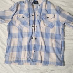 HFX - Warm Cozy Shacket (Shirt Jacket)- Plaid White Blue - Small  