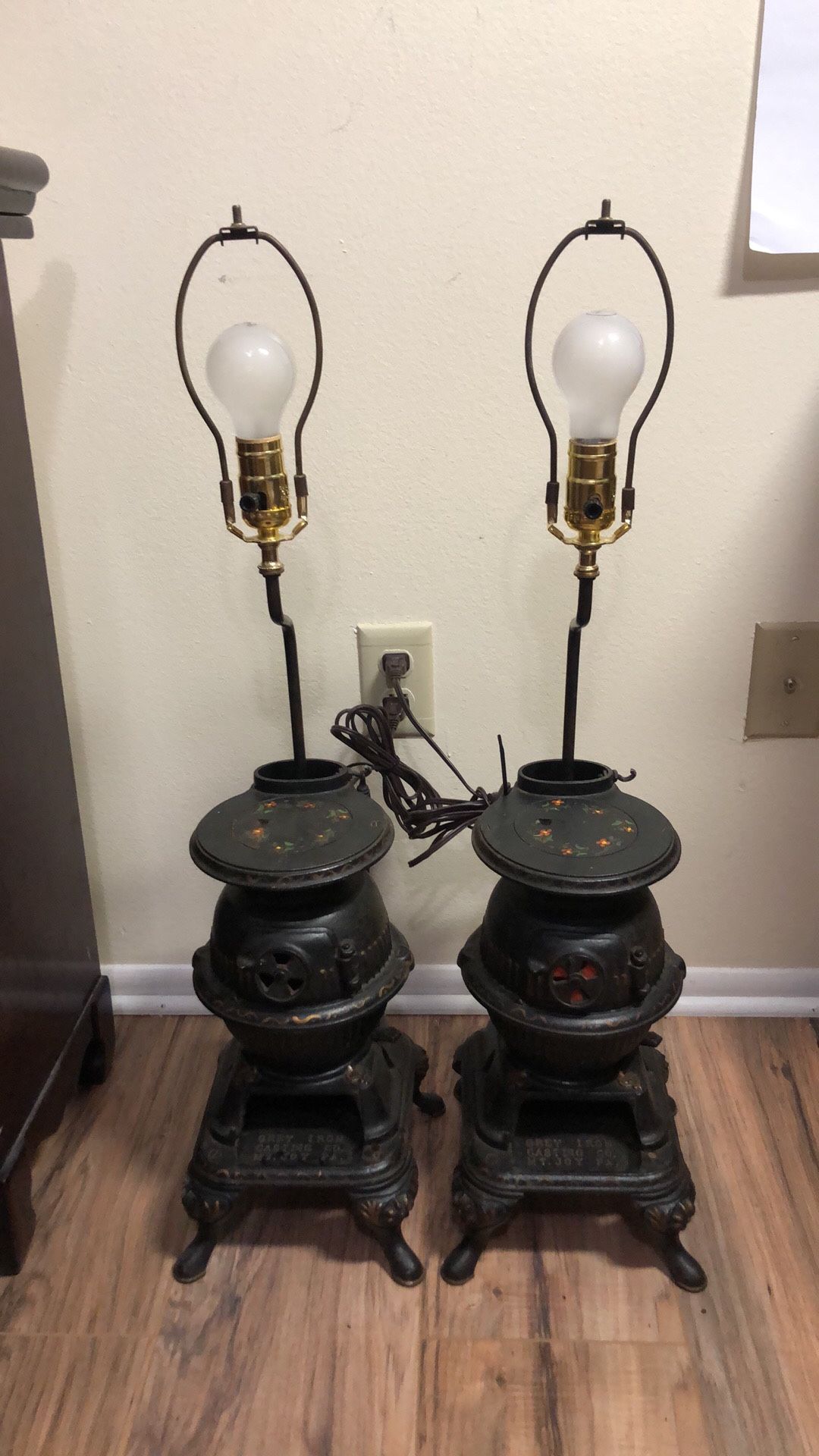 Rare -A  Pair of Grey iron Casting Pot Belly Wood Stove Lamps