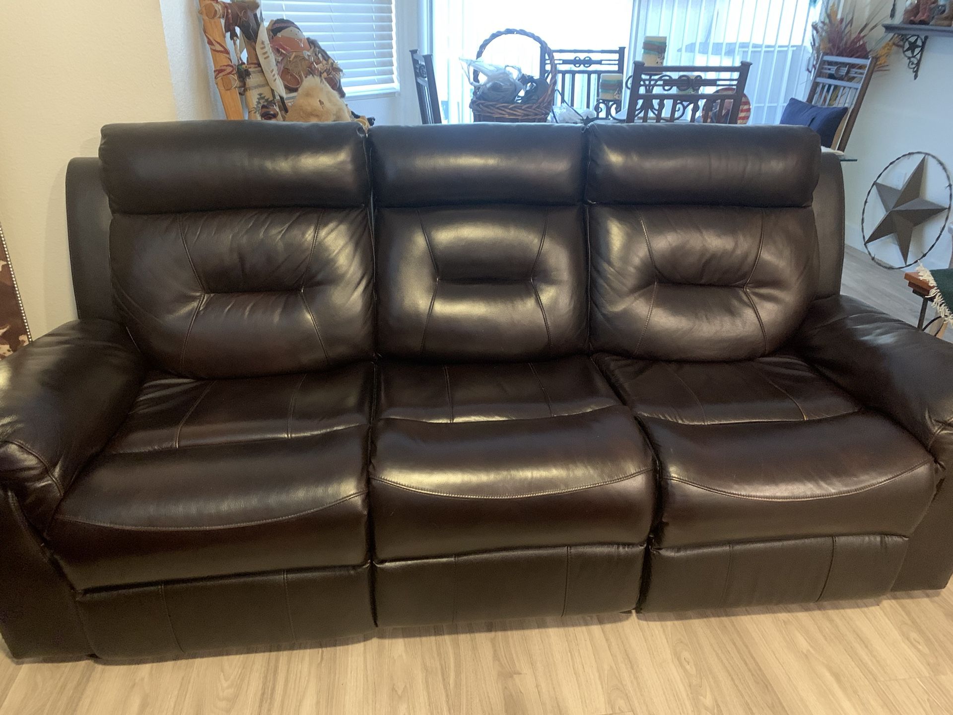 Sofa, Dark Brown, Naugahyde, Reclining Both Ends Drop Center