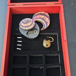 Red Wooden Jewelry Box with Accessories
