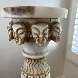 Vintage Asian-Inspired Carved Alabaster/Onyx Style Pedestal Plant Stand Display Column Table Sculpture Centerpiece Collectible 