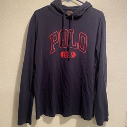 Polo Ralph Lauren Mens Hooded T-Shirt Blue Logo Long Sleeve Pullover Top Large