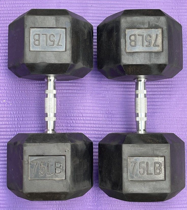 PAIR OF 75 LB. RUBBER HEX DUMBBELLS