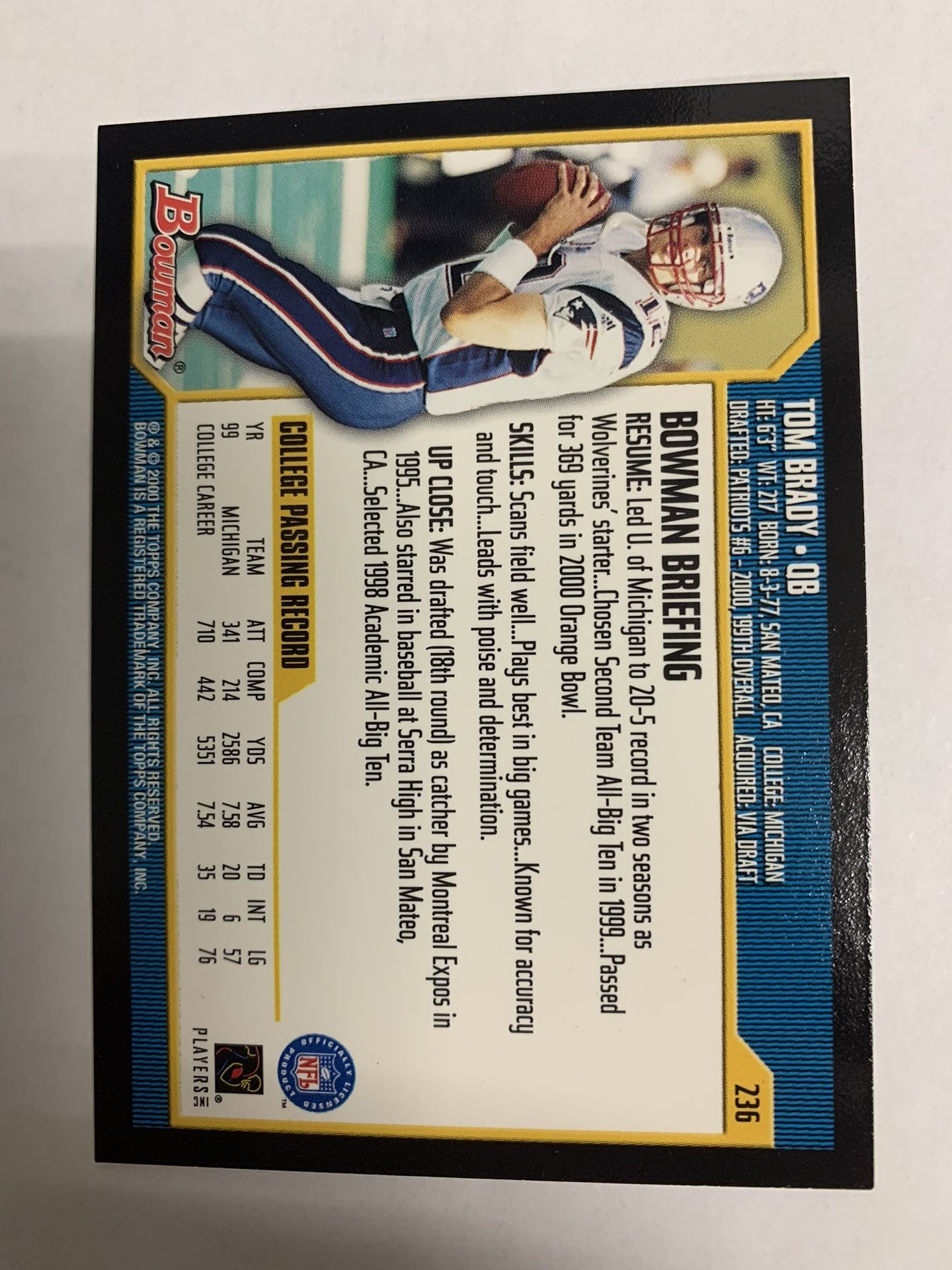 Tom Brady Bowman Rookie - NOT Reprint