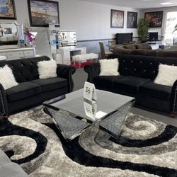 2PC Black Velvet Sofa & Loveseat