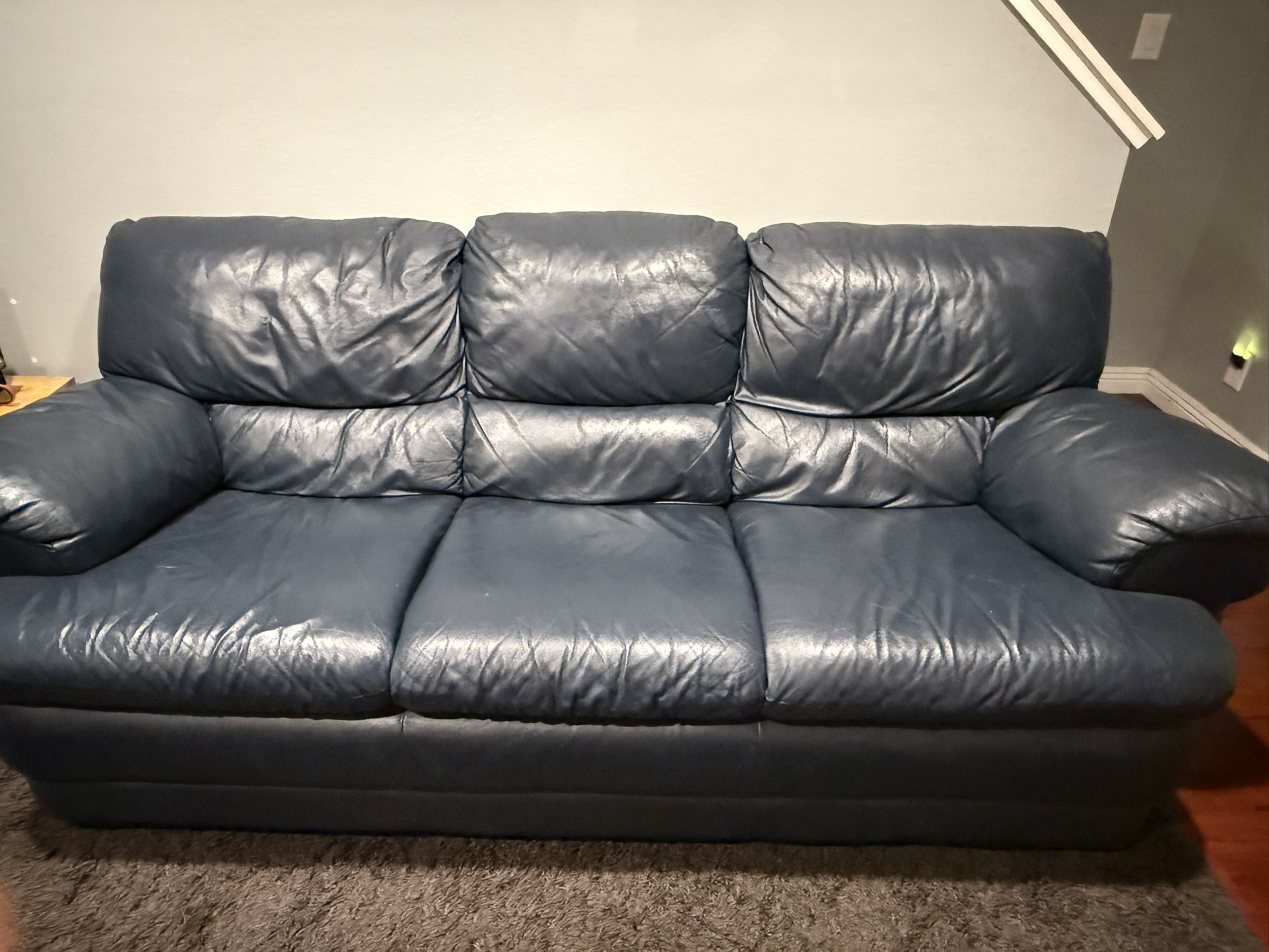 Blue Leather Sofa Couch & Chair