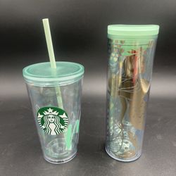 2 Pack Lot Of Starbucks Aqua Mermaid Plastic Tumblers W/ Lids