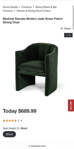 New Dark Green Velvet Upholstered Arm Chair retail 670 for