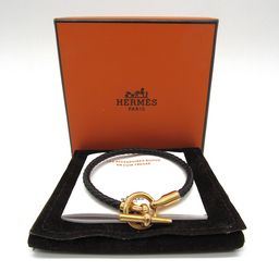 Hermès Glenan H Bracelet Black Swift Leather Yellow Gold Plated Toggle