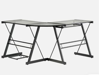 U shaped black glass top desk