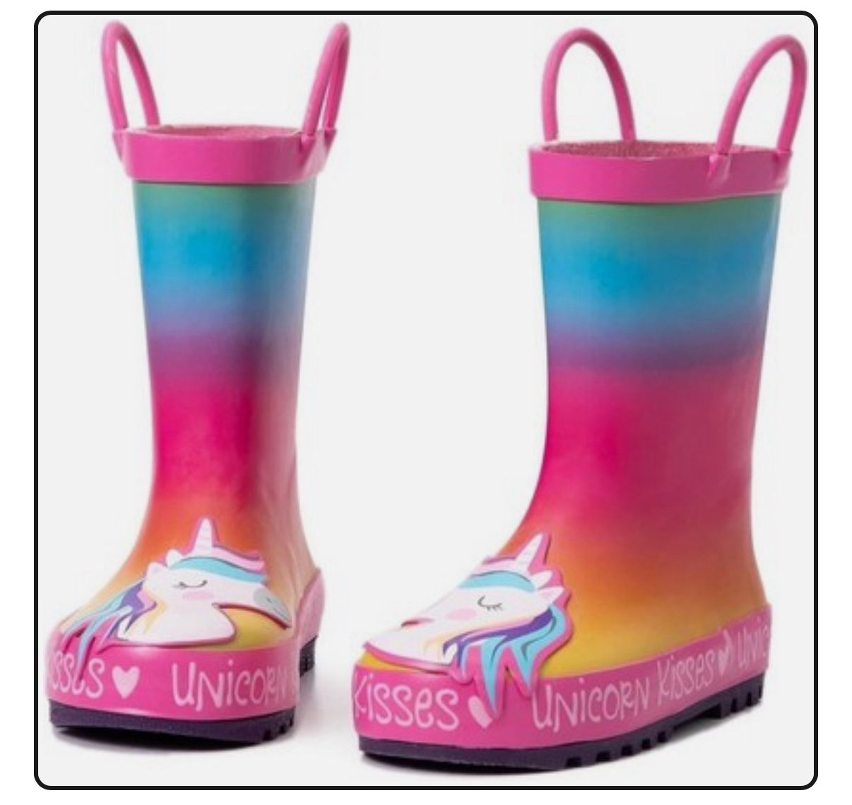 Kids Rain Boots with Handles Waterproof Rubber-Rainbow Unicorn