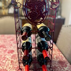 Rustic Red Metal Wine Bottle Rack – Holds 6 – Branch & Leaf Tabletop Decor