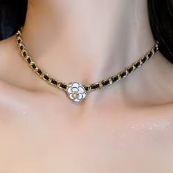 Gold and faux leather camellia flower pendant choker necklace women's gift
