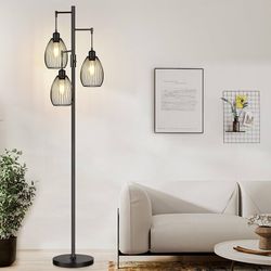 Farmhouse Industrial 70” Standing Tree Matte Black Floor Lamp with 3 Teardrop Cage - Retail $70