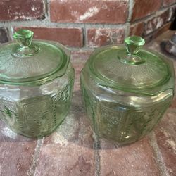 Vintage Green Depression Glass Jar Container