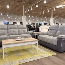 Two Tone Gray Fabric Reclining Sofa Loveseat Set 