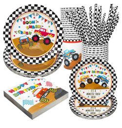 Monster Truck Birthday Decorations Plates Set, Monster Truck Plates 120 Pcs Party Set with Plates, Napkins, Cups & Straws for 24 Guests, Perfect for B