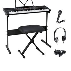 61-Key Portable Electronic Piano LED Display Keyboard Kit W/ Music Stand, Headphones, Microphone