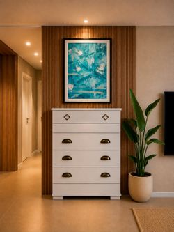 Tall wooden dresser with hidden wheels