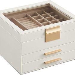 SONGMICS Jewelry Box with Glass Lid, 3-Layer Organizer, 2 Drawers, Lots of Storage Space, Modern, Gift Idea, 8 x 9.1 x 5.3 Inches, Cloud White and Gol